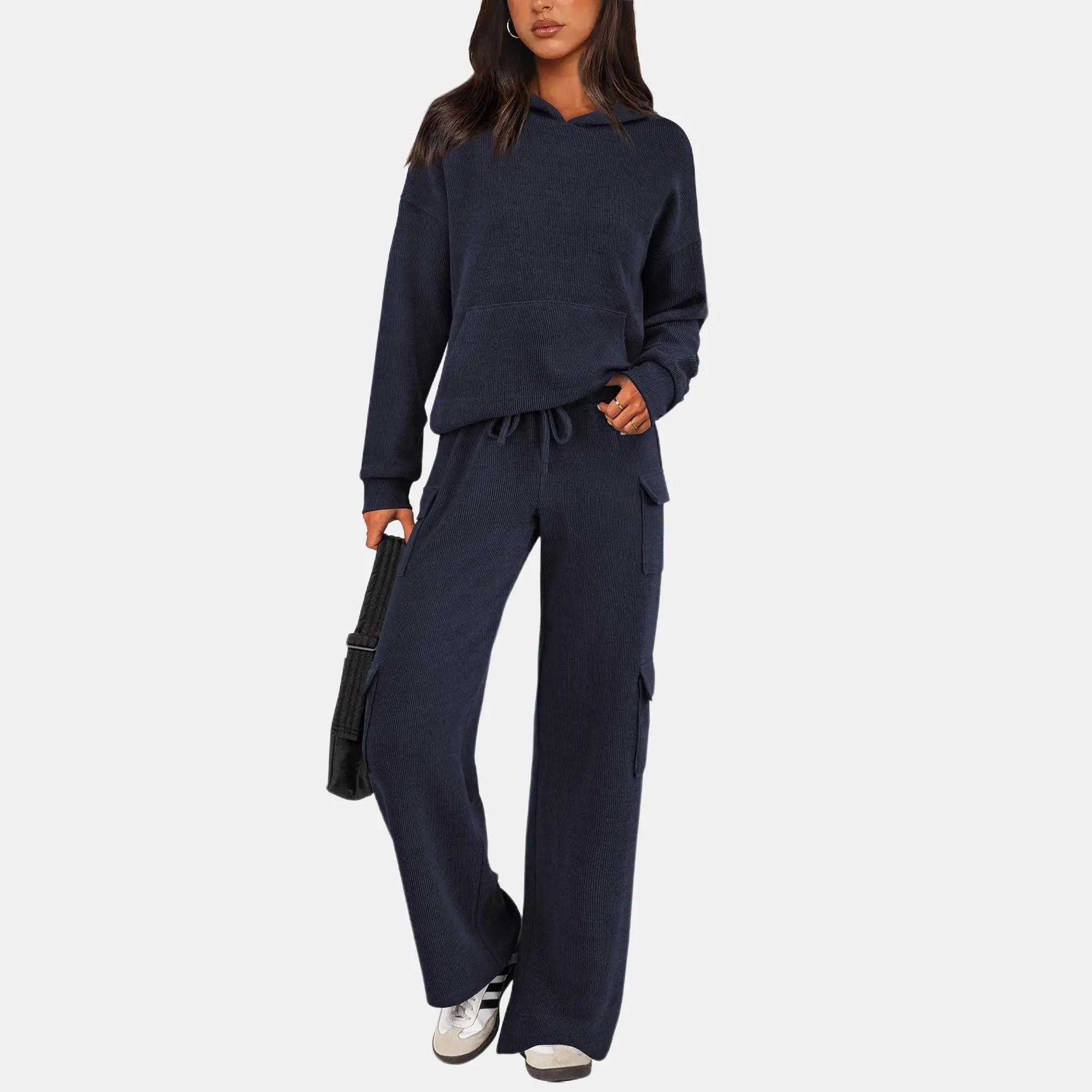 PRETTYGARDEN Women's Navy Blue 2-Piece Knitted Sets Hoodie & Wide Leg Pants with Pockets Drawstring Long Sleeve Loungewear Tracksuits Basic Fitted Clothes