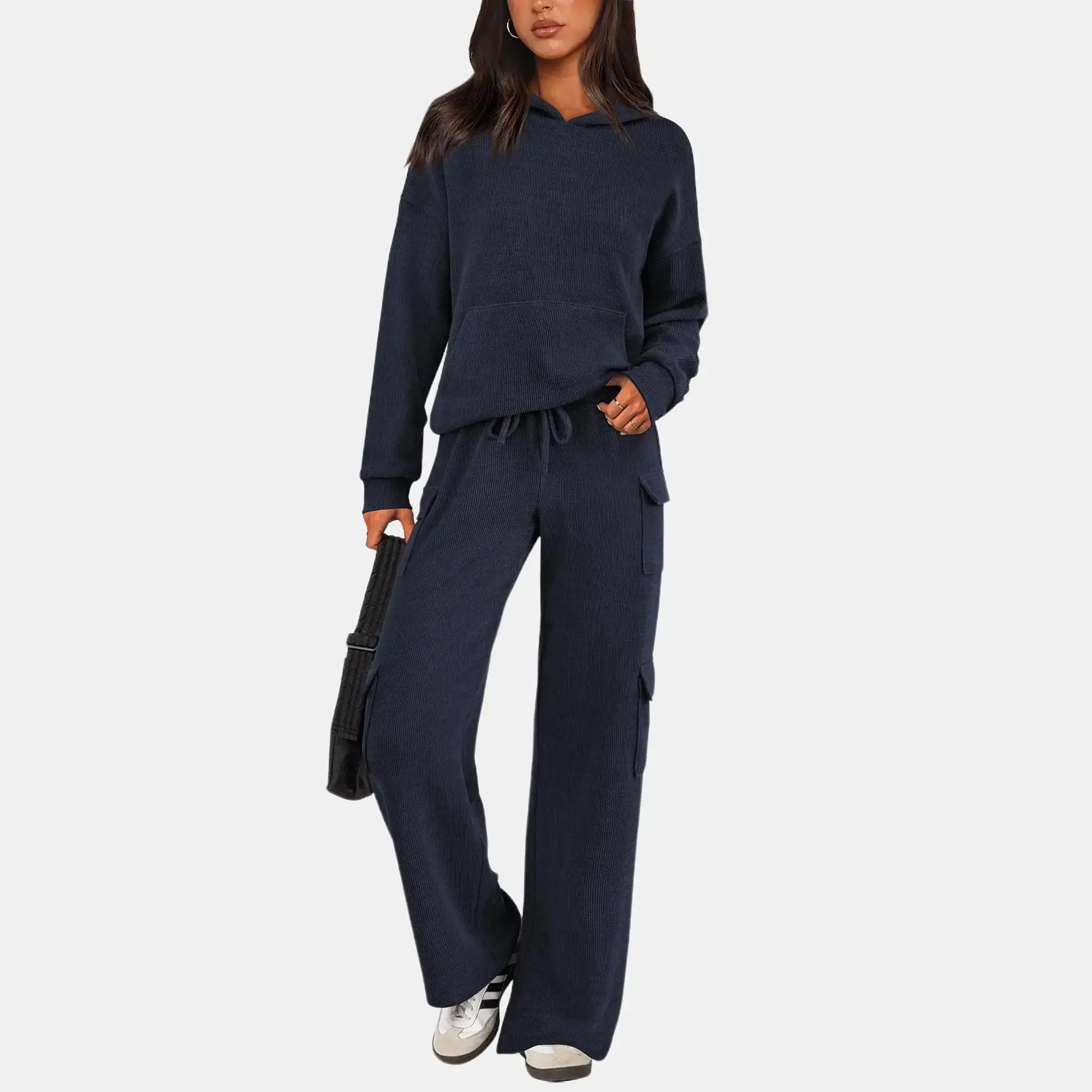 PRETTYGARDEN Women's Navy Blue 2-Piece Knitted Sets Hoodie & Wide Leg Pants with Pockets Drawstring Long Sleeve Loungewear Tracksuits Basic Fitted Clo