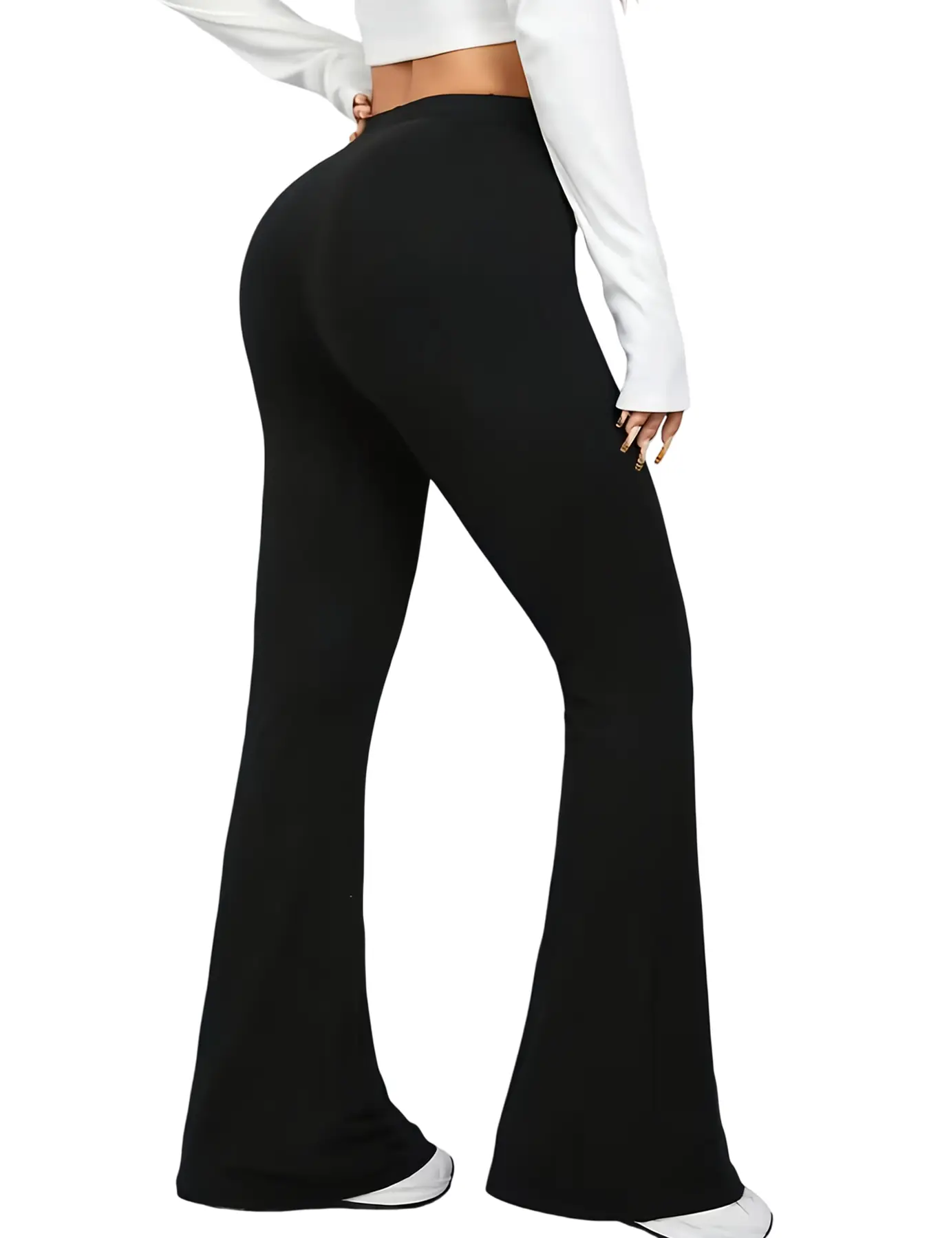 Women's High Waist Solid Black Flared Leggings with Side Pockets, Tummy Control Yoga Pants for Fitness, Running, Workout, Casual Daily Wear, Comfy Stretch Sport Pants