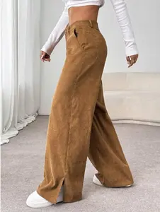 Autumn Winter Casual Fashion Corduroy Mid-Waist Split Loose Straight Floor-Length Pants Brown Fleece-Lined Warm Knit Fabric High-Waisted Button Closure Wide-Leg Streetwear Womenswear Cropped Coffee Color Basic Statement Style