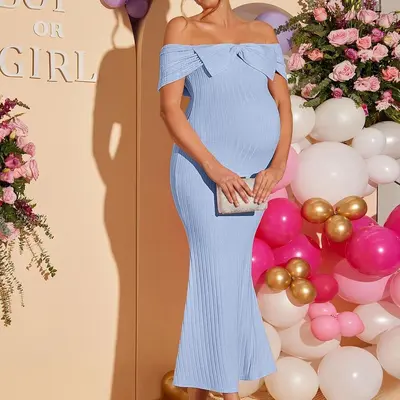 blue bow maternity dress Momyknows Floral Print Smocked Bow Boho Flowy Photoshoot Gender Reveal Baby Shower Maternity Maxi Dress, Pink / M