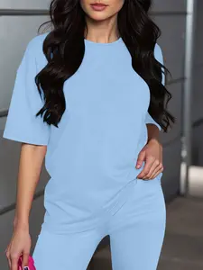 Women's Casual Outdoor Home Sport Solid Color Short Sleeve Top Sporty Round Neck + Shorts 2 Pieces Women Tracksuit Sweatsuit Set, Fashion Simple Style, Basic Wear for Daily Use, Sportswear Set, Summer Lounge Tracksuit