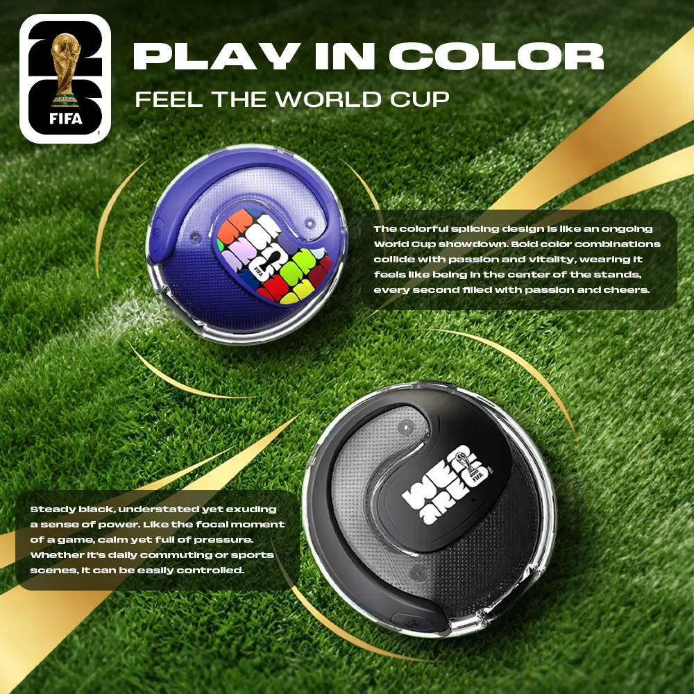 Official FIFA 2026 World Cup Licensed Open Ear Bluetooth Headphones Wireless Earbuds Zero Latency 50H Total Playtime Large Diaphragm HiFi Sound Touch Control Sports Fan Gift Bluetooth Earphones