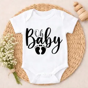 Baby Bodysuit Oh Baby With Footprints 100% Pure Cotton Tag-Free Snap Closure Breathable Stretchy Cute Print Perfect For Daily Wear