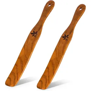 2 Pack Spurtle for Sourdough Starter, Danish Dough Whisk and Jar Spatula, Solid Teak  for Mixing, Scraping Jars and Bread Making Tools, Wooden Kitchen Utensils for Non-Stick Cookware