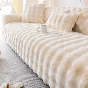 Dark Grey Faux Fur Couch Cover, Rabbit Plush Non-Slip Furniture Protector (White, 36"x70"/3-Seater Sofa Cover)