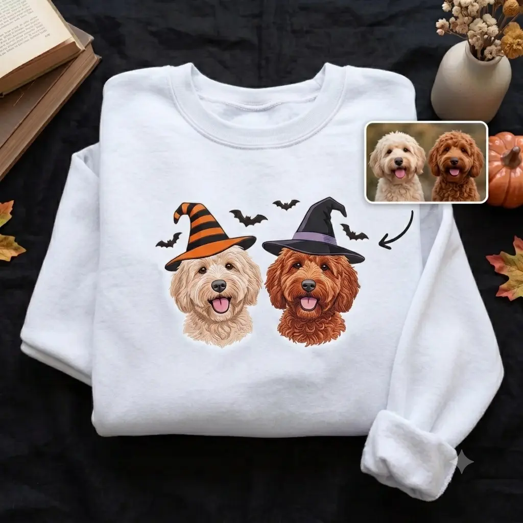 Custom Pet Portrait Sweatshirt, Upload Your Dog Photo, Personalized Halloween Crewneck