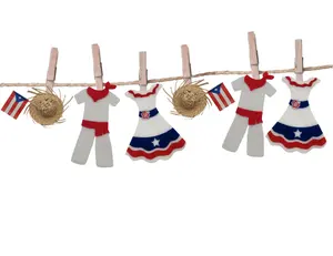 Jibaro Puerto Rican Theme Patriotic Clothes Line Garland, Red White Blue Felt Fabric Dresses and Outfit with Mini Pavita Hats, 3ft Decorative Garland String with Wooden Clips, Football Party Decor