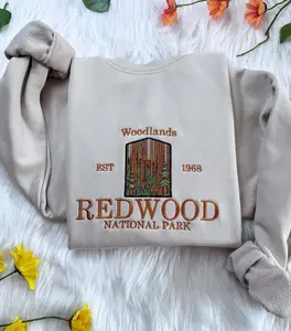 Embroidered Redwood National Park Sweatshirt, Woodland Embroidered Hoodie, Embroidered California T-shirt, Forest Crew Neck Sweatshirt