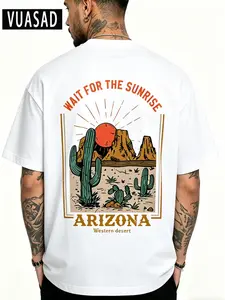 Men's Desert Cactus Landscape Casual Short Sleeve T-Shirt, Vintage Washed Style, Loose-Fit Pure Cotton Top, Daily Wear
