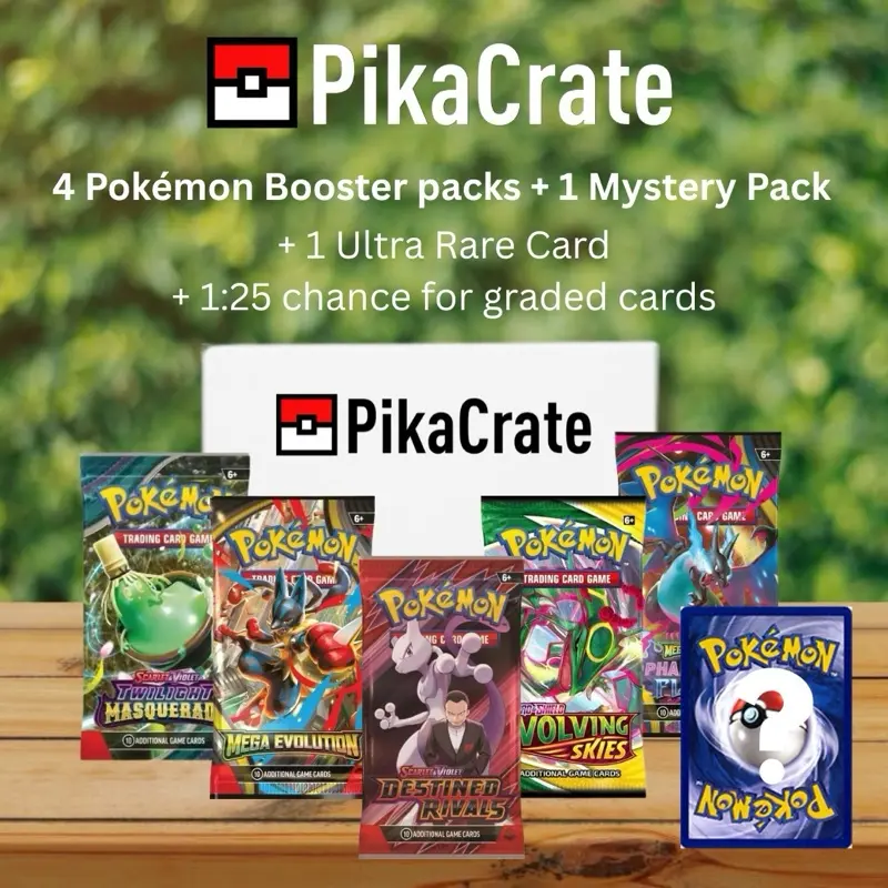 PikaCrate: 4 Pokémon Booster Packs + 1 Mystery Pack + 1 Ultra Rare Card + 1:25 Chance for Graded Cards