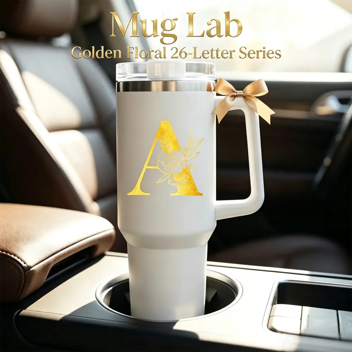 Stylish Aesthetic 40oz Stainless Steel Insulated Water Bottle - Personalized Gold Floral Initial Monogram Tumbler with Handle, Straw, Portable Women's Birthday Gift