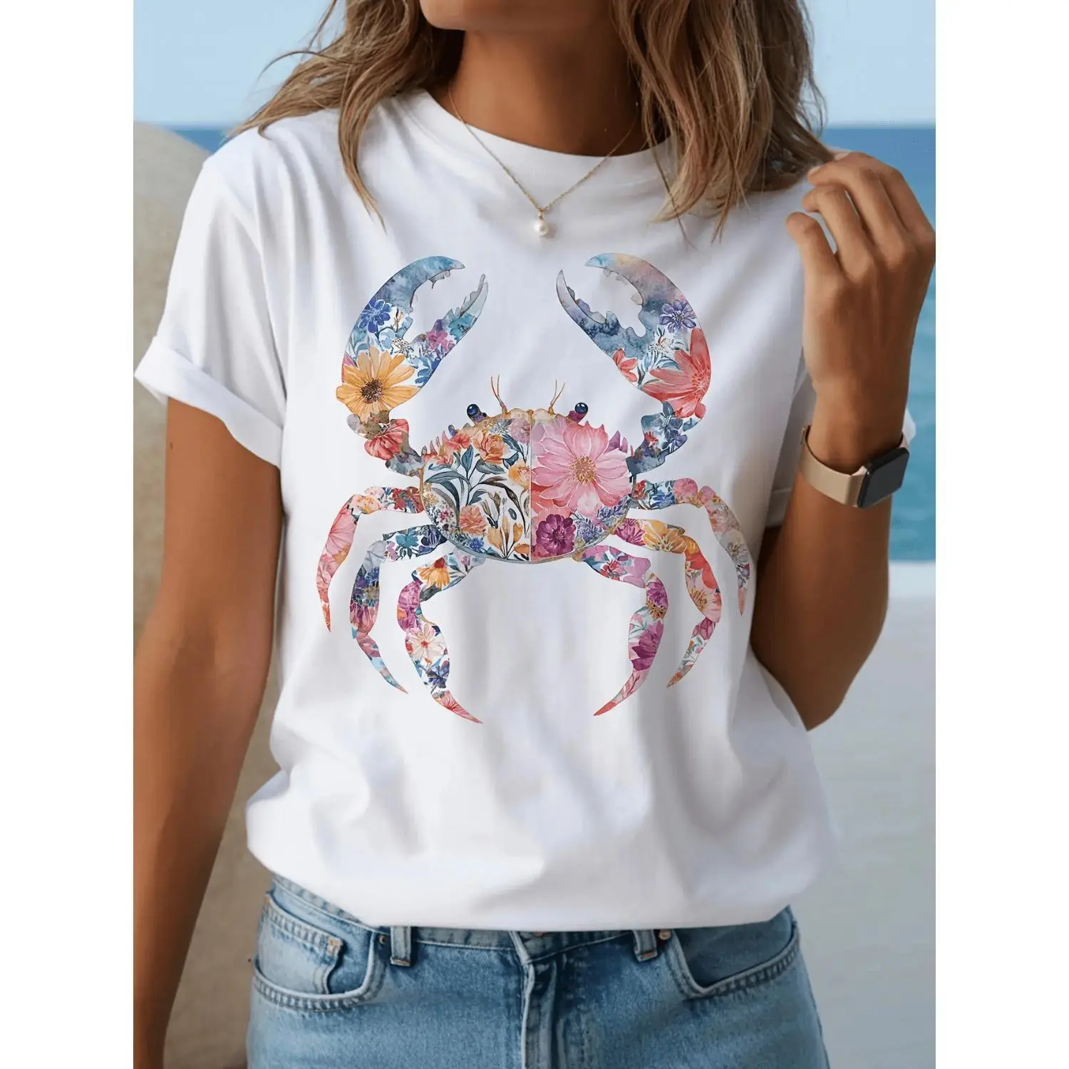 Women's Crab Print T-Shirt - Summer Casual Short Sleeve Round Neck Top Suitable for Casual Attire & Gifts, Crab Blouse