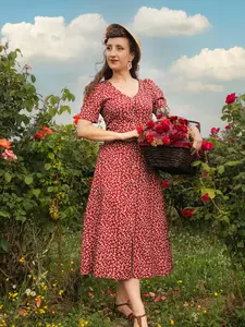 WINE RED 1940S V-NECK DITSY FLORAL DRESS Summer Bohemian Retro Stage Vintage Floral Midi Dress for Women Short Sleeve Elegant Style 100% Polyester Slight Stretch Front Center Buttons Below The Knee Length Boho Womenswear