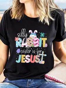 Plus Size, Women' Oversized Relaxed Fit Christian Easter Bunny T-Shirt - Short Sleeve Round Neck Church Outfit & Spring Summer Party Apparel with Rabbit & Floral Print, Breathable Casual Wear, Machine Washable Easter-Themed Attire