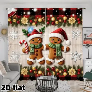 2D Flat 2Pcs Holiday Gingerbread Pattern Curtains, Buffalo Plaid Border Design, Winter Snowflake Print, Rod Pocket Style, Semi Sunshade Polyester Material, Perfect for Living Room Bedroom Kitchen Dining Window Treatment, Christmas Decor