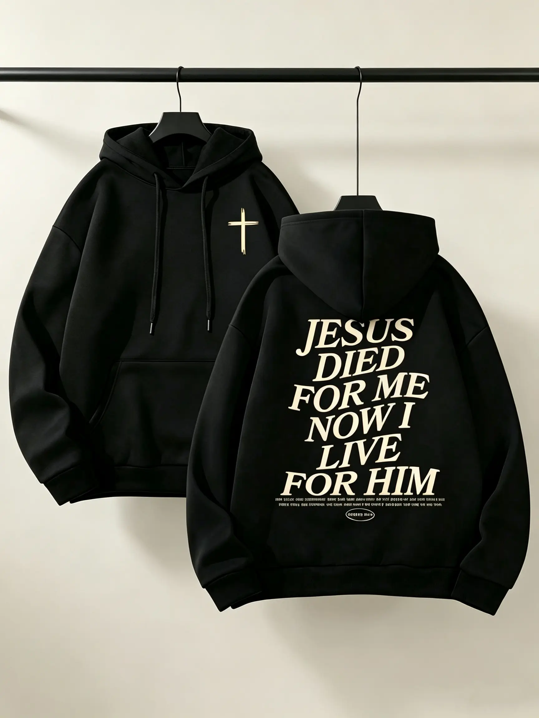 Two-Sided Religious Hooded Sweatshirt, Thick Brushed Fleece Drawstring Pullover, Front Tiny Gold Embroidery Cross Logo & Back Large Vertical Bible Verse Text Design, Loose Relaxed Fit Apparel For Church Worship Weekend Daily Casual Outfits
