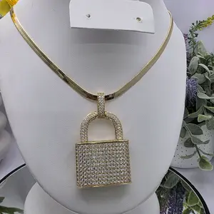 # 00274 Female 14k Gold-Plated High-Quality Necklace Chain with Large Diamond-Accented Lock Pendant, Daily Wear Chain & Link Jewelry