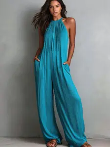 2026 New Fashion Halter Neck Sleeveless Jumpsuit, Plain Pleated Backless Wide Leg, Casual All-Season for Work and Daily Wear