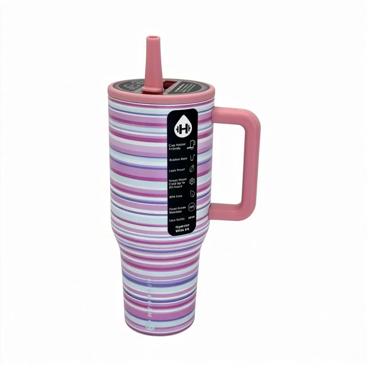 HydroJug 40oz Insulated Stainless Steel Flask with Handle & Straw Lid, Pink Horizon Striped Vacuum Drinkware, 24H Cold Retention, Leakproof Car-Holder Friendly Tumbler for Gym & Daily Hydration, Flasks, Insulation