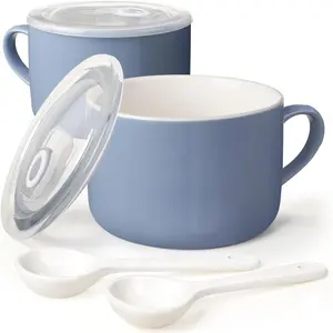 Soup Bowls with Handles & Spoons, 30oz Ceramic Ramen Bowl with Lid, Large Soup Mugs/Cups for  Noodle, Big Cereal Bowls for Oatmeal, Soup Containers with , Set of 2, Sky Blue