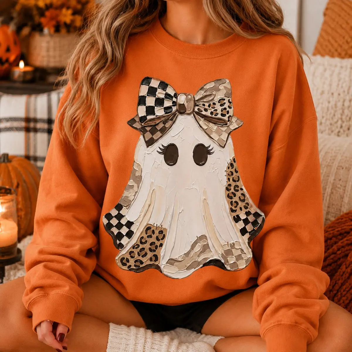 Halloween Boho Ghost Sweatshirt, Boho Fall Sweatshirt, Coquette Ghost Graphic Pullover Sweater, Preppy Retro Ghost Graphic Crewneck, Unisex Long Sleeve Crewneck Shirt
