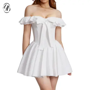 OYV Women's Off Shoulder Lace Dress,Ruched Bow Sun Dresses,White Graduation Short Dress, Women's Bridesmaid Dress