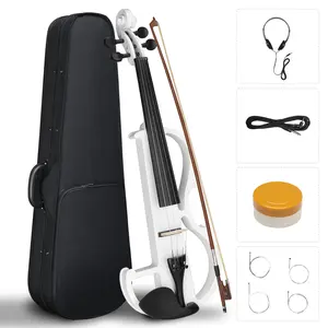 Full Size 4/4 Bunnel Edge Electric Silent Violin with Case Bow Rosin Headphone Connecting Line White Musical Instrument Set Beginner Handmade Acoustic Violin Set string Beginner Violin Set Set with Case Colorful Outfit Kit Realistic Toddler Violin Toy
