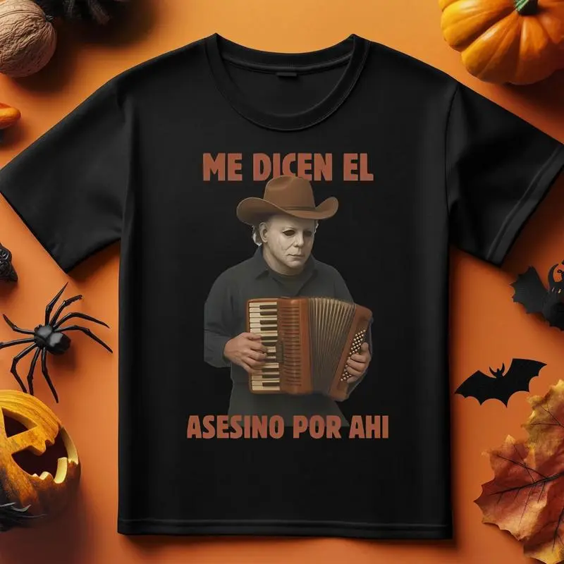 Men's Cotton Graphic Print Short Sleeve T-Shirt, Halloween Characters Vintage Horror Movie Villains Accordion-Playing Tee, Menswear All Seasons Round Neck Casual Streetwear, "Me Dicen El Asesino Por Ahi" Halloween Gift