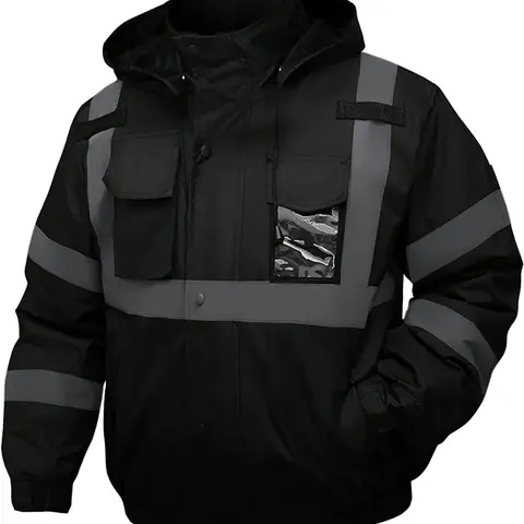 American size High Visibility Reflective Jackets for Men, Waterproof Safety Jacket for Men with Pockets, Black Work Construction Coats for Winter Cold Weather