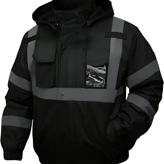 American size High Visibility Reflective Jackets for Men, Waterproof Safety Jacket for Men with Pockets, Black Work Construction Coats for Winter Cold Weather