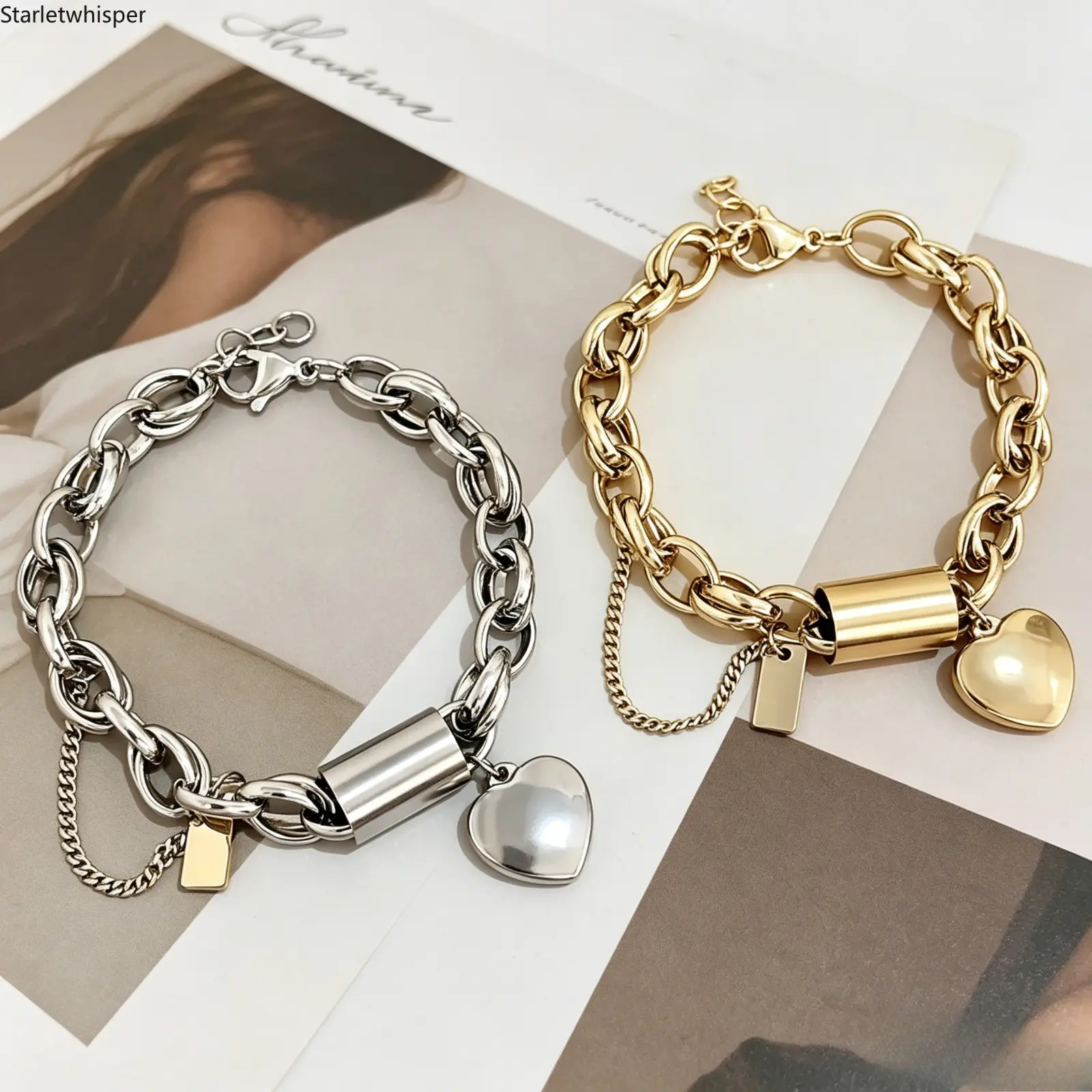 Stainless Steel Thick Chain Bracelet with Heart Pendant, Trendy Minimalist Heavy-Duty Design, Durable Stylish Wrist Jewelry Perfect for New Year & Valentine's Day Gift