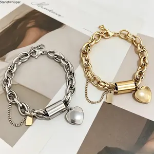 Stainless Steel Thick Chain Bracelet with Heart Pendant, Trendy Minimalist Heavy-Duty Design, Durable Stylish Wrist Jewelry Perfect for New Year & Valentine's Day Gift