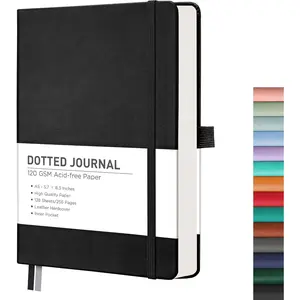 Dotted Journal Notebook, 256 Pages, A5 Medium Size (5.7'' x 8.3''), Leather Hardcover, 120 GSM Thick Paper, for  Journaling, Planning,  (Black)