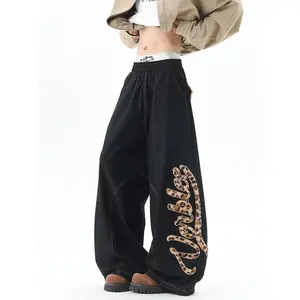 Y2K New Couple Style American Leopard Patchwork Jeans Women Men Winter Loose Wide-Leg Casual  High-Waisted Niche Design Magic  Plaid Wool Blend Waist Skirt Women's Long Sleeve Crop Top Leggings Set Tie-Dye Pattern Hoodie plain sport Low-Waist Pants, Cloth