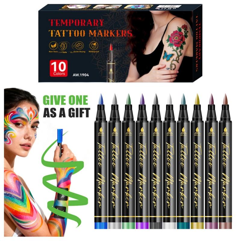 10-Color Washable Tattoo Marker Pens for Kids and Adults, Body&Face Art Drawing Kit with Tattoo Stencils,Skin-Safe Non-Toxic Temporary Tattoos for Kids Adults, Flexible Brush Tip,Bright colors,Cosmetic Quality for DIY Designs, Party Makeup, Christmas gift