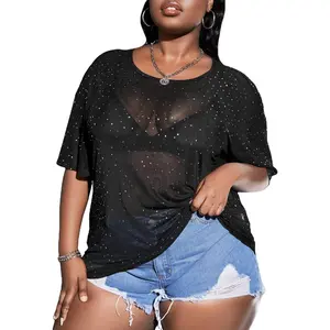 Women's Plus Size Glitter Sheer Mesh Short Sleeve Tee Shirt Top