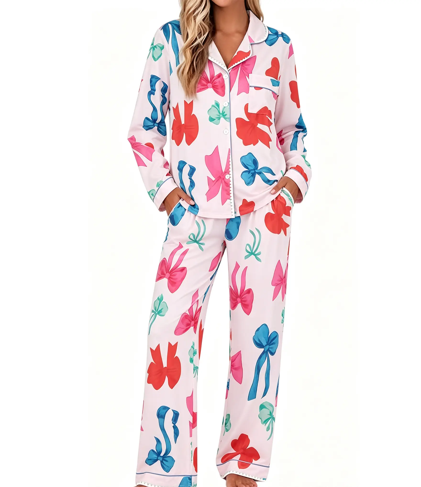 Women's 2-Piece Bow-Patterned Color-Matched Long-Sleeved Pyjamas Set - Button-Up Top, Matching Pants, Style1, Loungewear, Nightwear, Underwear for Women, All-Season Comfortable Casual Home Use