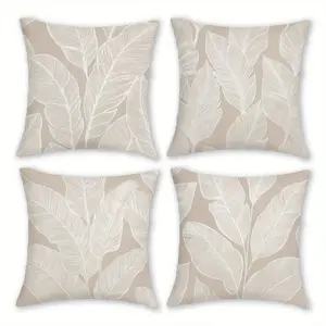 4pcs-Bohemian Themed Throw Pillow Covers, Boho Minimalist Tropical Leaves Design,  Beige Home Accents, Home Decor for Living Room Sofa and Bedroom, Suitable for Spring Decoration, Single Sided Printing, No Pillow Core, Decorative Accents