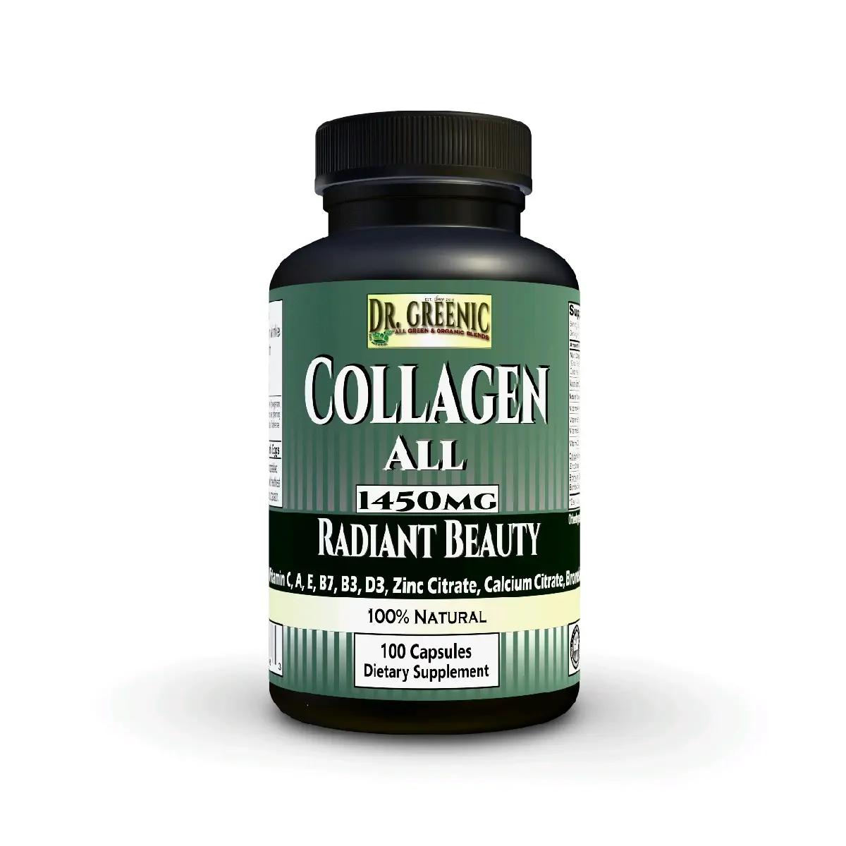 Dr Greenic Collagen All 1450mg Dietary Supplement with Multi Collagen, Vitamin C, E, A, B7, B3, D3, Zinc, Bromelain, Bamboo Silica, Calcium & Natural Ingredients - Healthcare Fitness Edible