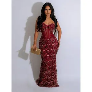 Women Elegant Sequined Evening Dress Spaghetti Strap A-Line Hip-Hugging Long Prom Party Formal Gown