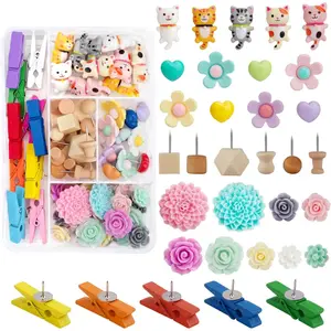 72PCS Cute Cat Wood Decorative Push Pins Assorted Colors Flower Thumb Tacks for Cork Board Wall Cubicle Home Office Cute Desk Accessories