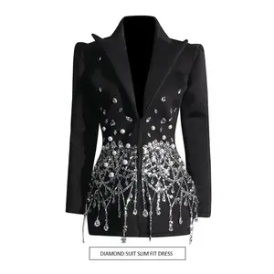 Sexy Socialite Style 2025 New Turn-Down Collar Long Sleeve Butterfly Sequin Full Diamond Ultra-Short Blazer Dress for Women