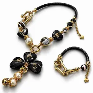 Maite Jewelry TREVOL FORTUNA set - 3 Colors Elegant Black Orange Green & Gold Beaded Necklace Bracelet Collection with Handcrafted Gold Threads and High-Quality Leather