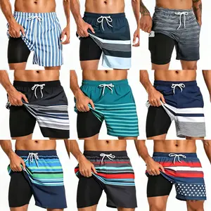 Mens 9 Inch Stripe Printed Swim Trunks Compression Liner Quick Dry Beachwear Athletic Swim Shorts Drawstring Pockets TikTok Viral Trend Gym Fitness Running Sport Style Lightweight Breathable Summer Activewear
