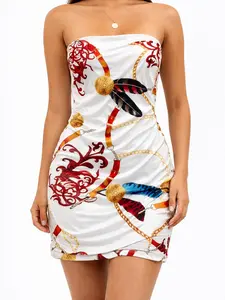 Strapless Mini Dress Baroque Print  | Vestido Elegante Satin con Estampado Cadenas