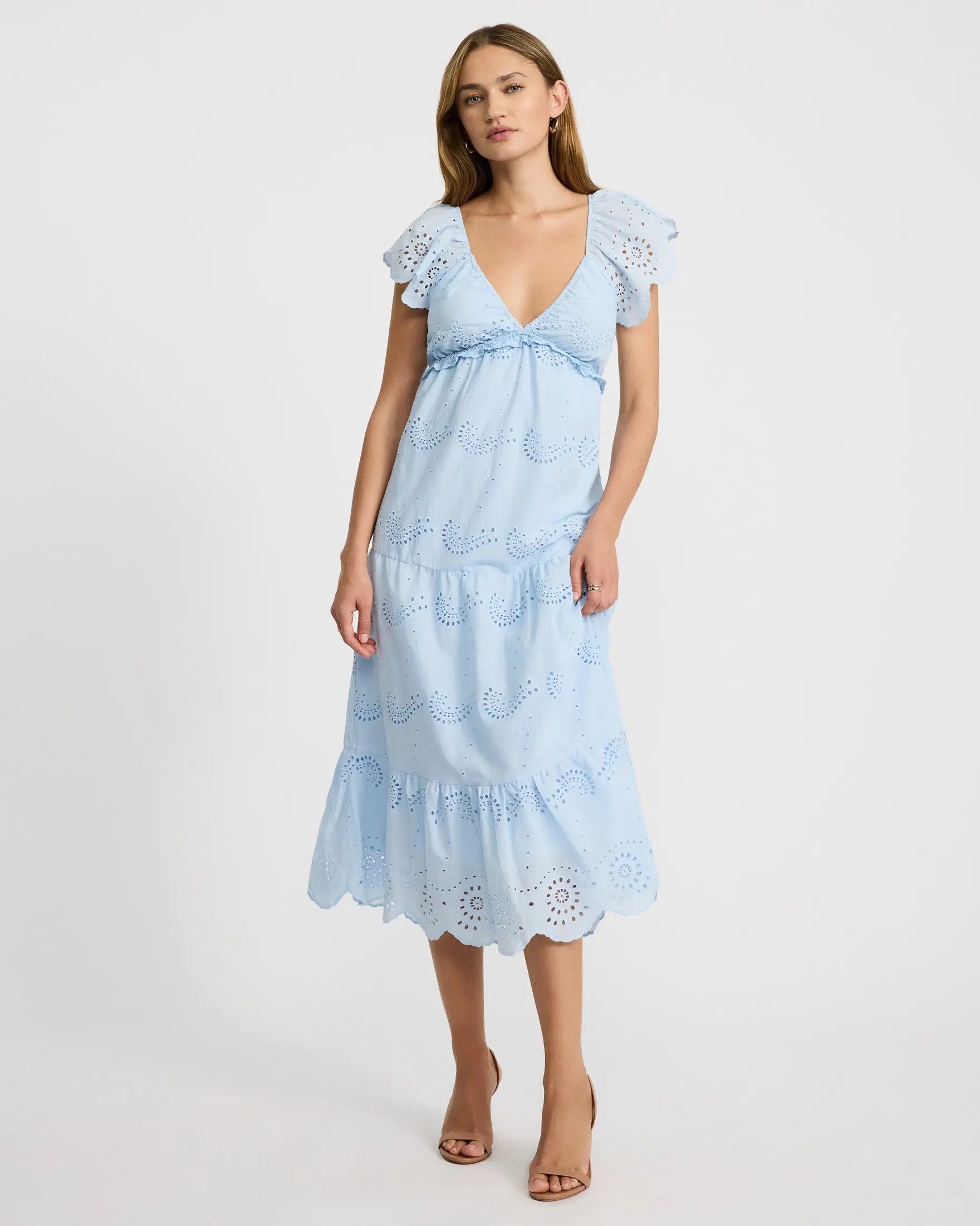 Express Cotton Eyelet V-Neck Flutter Sleeve Tiered Midi Dress