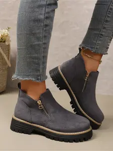 Fashion Women Ankle Boots Round Toe Side Zipper Non Slip Soft Sole Comfortable Walking Shoes