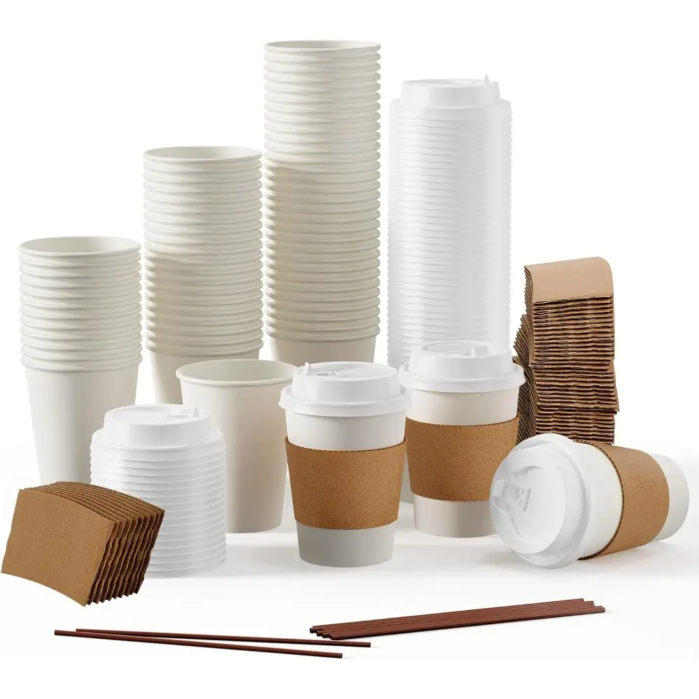 12oz Eco-Friendly Recyclable Disposable Cups Pack - 100 Pieces with Lids, Sleeves, Stirrers, Leak-Proof Hand Holds for Hot/Cold Beverages - Ideal for Shop, Events, Home Use (Kitchenware Drinkware), Thick, Paper