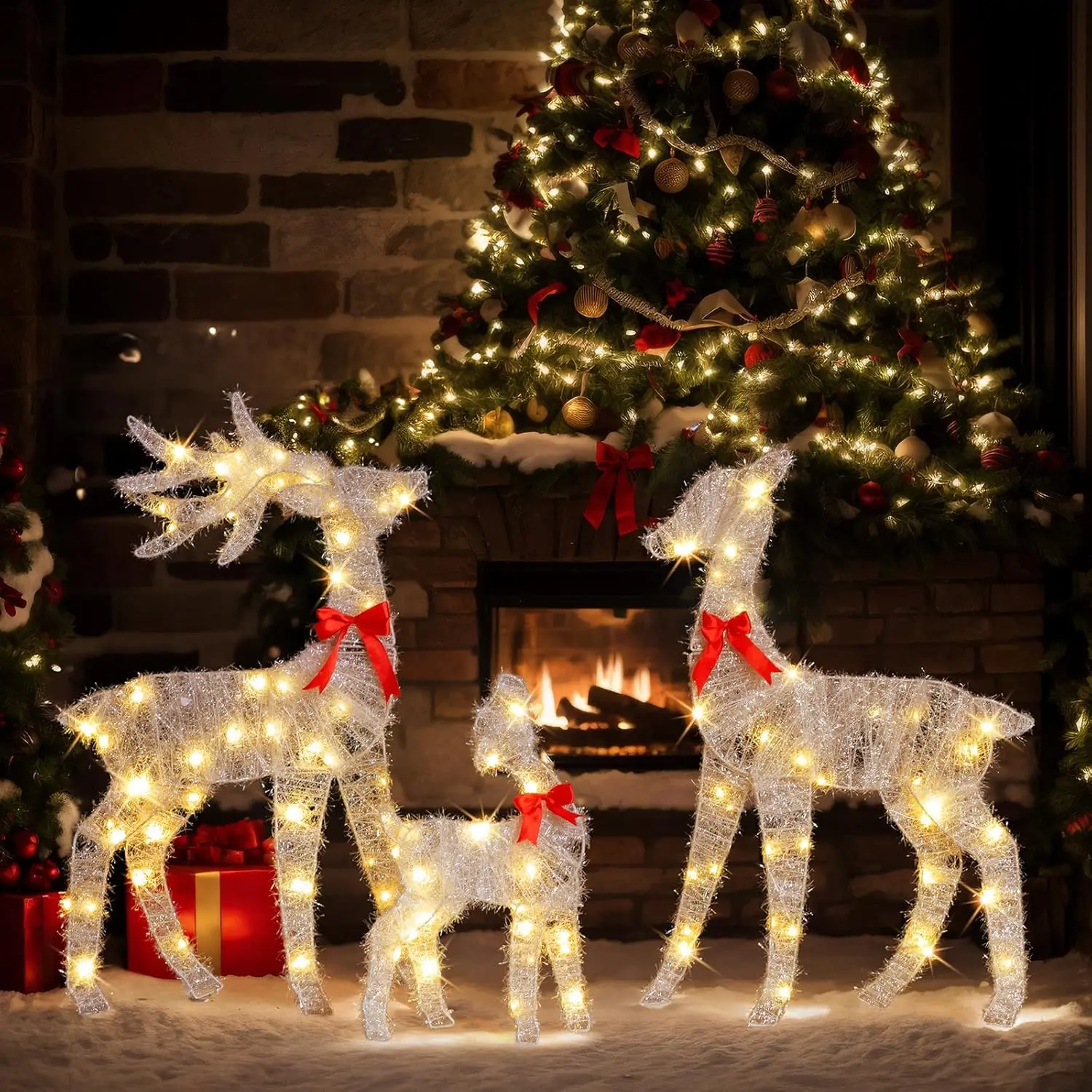 3-Piece Lighted Tinsel Christmas Reindeer Family Set, 3FT White Buck Doe Fawn Outdoor Yard Decorations, Pre-lit 110 Warm White LED Lights, Weatherproof Xmas Lawn Garden Home Decor